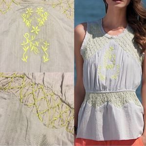 Anthropologie HD in Paris Embroidered Peplum Gray Yellow Tank Top Size 00 XXS